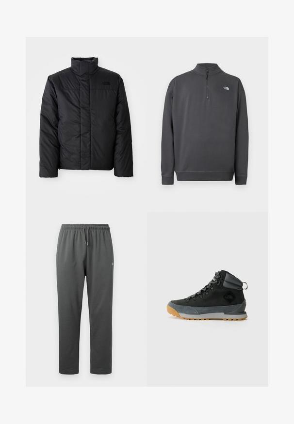Sort isoleret jakke med høj krave, prydet med en lynlås front og et logo på venstre bryst. Materialet virker glat og fyldigt.; Mørkegrå langærmet pullover med kvart lynlås krave og lille hvidt The North Face logo på venstre bryst.; Mørkegrå fleece-sweatpants med elastisk taljebånd og snor, med en lille logo på højre lår.; Sorte højtop støvler til vandring lavet af tekstureret ruskind og syntetiske materialer, med grå accenter, robust gummisåle og grå snørebånd.
