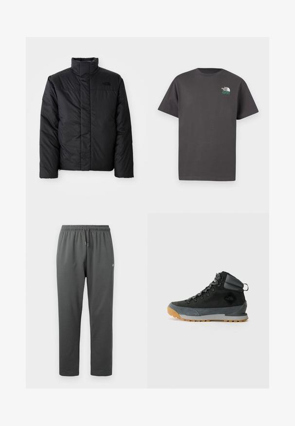 Chaqueta negra aislante con cuello alto, que cuenta con un cierre frontal y un logo en el lado izquierdo del pecho. El material parece suave y esponjoso.; Camiseta de manga corta de color gris oscuro con cuello redondo y pequeño logo blanco y verde "The North Face 1966" en la parte superior izquierda del pecho.; Pantalones deportivos de forro polar de color gris oscuro con cintura elástica y cordón, con un pequeño logo en el muslo derecho.; Botas de senderismo negras de caña alta, hechas de ante texturizado y materiales sintéticos, con acentos grises, suela de goma robusta y cordones grises.