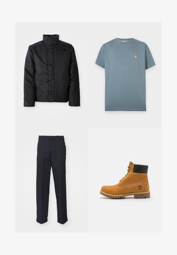 Sort isoleret jakke med høj krave, prydet med en lynlås front og et logo på venstre bryst. Materialet virker glat og fyldigt.; Blå Carhartt T-shirt med korte ærmer og lille gul logo på venstre bryst, lagt fladt på hvid baggrund.; Sorte skræddersyede bukser med lige ben, fremstillet af glat stof, med et taljebånd med løkker og uden synlige mønstre eller hardware.; Brune læder ankelstøvle med metaløjer, hvid pelsforing, sort polstret krave, robust sål og præget logo på siden.