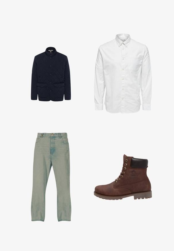 Marineblauwe gewatteerde jas met een staande kraag, twee voorste drukknopen en een knoopsluiting. Soepele textuur met een geometrisch patroon.; Wit overhemd met lange mouwen, knopen, kraag en borstzak, met het label "Selected Homme" aan de binnenkant van de kraag.; Lichtblauwe rechte jeans met knopen aan de voorkant, riemlussen en voorzakken, weergegeven tegen een witte achtergrond.; Panama Jack Veterboots - bark