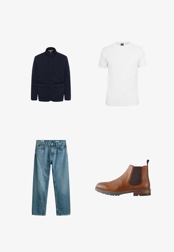 Marineblå quiltet jakke med ståkrave, to frontlommer med trykknapper og knaplukning. Glat tekstur med et geometrisk mønsterdesign.; Hvid kortærmet t-shirt, lavet af bomuld, med en klassisk rund hals og en glat tekstur, designet til afslappet brug.; Blå denimjeans med lige ben, fem lommer og bæltestropper, vist mod hvid baggrund.; Brun læder Chelsea-støvle med mørk elastisk sidepanel, trækstrop ved hælen og robust sål med lav stakket hæl.