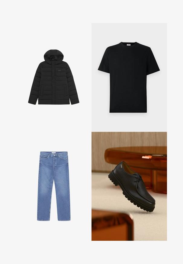 Doudoune noire avec capuche, présentant un design matelassé, une texture lisse et deux poches avant. Logo discret sur la poitrine.; T-shirt noir uni à manches courtes et col rond, exposé à plat sur un fond blanc, avec une petite étiquette de marque à l'intérieur du col.; WOOD WOOD WW TYPE 2 DENIM STRAIGHT LEG - Jean droit - ocean; Chaussure à lacets en cuir noir texturé avec une semelle épaisse à rainures, marquée "HUGO" près du talon, présentée sur un tapis beige et un mobilier ambre.