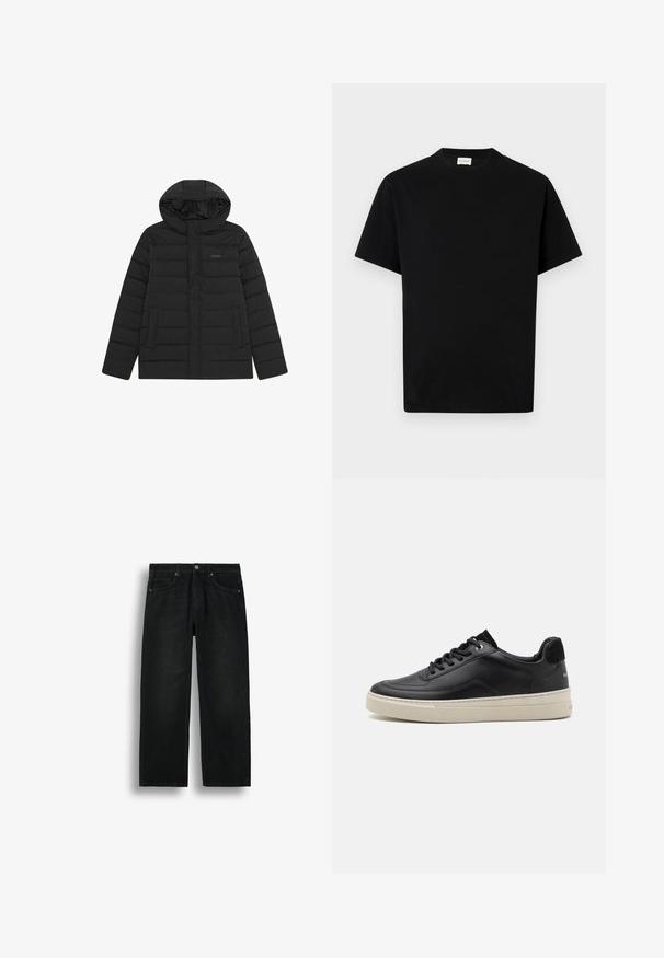 Doudoune noire avec capuche, présentant un design matelassé, une texture lisse et deux poches avant. Logo discret sur la poitrine.; T-shirt en coton noir avec un col rond, des manches courtes et une coupe droite. Pas de motifs visibles ni de détails matériels.; Jean en denim noir à jambe droite avec cinq poches, fermeture par bouton et passants de ceinture, présenté sur un fond blanc uni.; Baskets en cuir noir à profil bas, avec une semelle en caoutchouc couleur crème, bout rond et design à lacets, rehaussées d'un talon en daim noir.