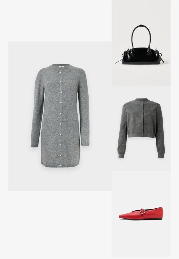 Chaqueta gris corta hecha de tejido texturizado, con un cuello redondo, botones a presión en el frente y puños acanalados.; Vestido de cárdigan gris hecho de un suave tejido de punto, con un escote redondo, mangas largas y cierres de botones de perla por el frente.; Zapato plano de cuero rojo con punta afilada, que presenta una correa lateral con una hebilla de metal y un tacón bajo negro. Textura suave en toda su superficie.; Pequeño bolso negro brillante con dos asas largas y detalles de cordón lateral sobre un fondo claro liso.