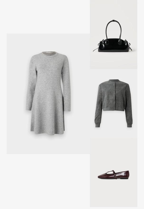 Chaqueta gris corta hecha de tejido texturizado, con un cuello redondo, botones a presión en el frente y puños acanalados.; Vestido largo gris de manga larga hecho de una tela suave; presenta un escote redondo y un corte relajado, con un leve aumento en el dobladillo y aberturas laterales.; Zapato plano de cuero burdeos oscuro con punta puntiaguda y una fina tira en forma de T con hebilla plateada sobre un fondo blanco.; Pequeño bolso negro brillante con dos asas largas y detalles de cordón lateral sobre un fondo claro liso.