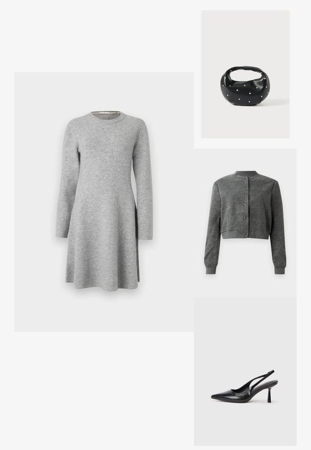 Grau gekürzte Jacke aus strukturiertem Stoff, mit Rundhalsausschnitt, vorderen Druckknöpfen und gerippten Manschetten.; Graues Langarmkleid aus weichem Stoff; verfügt über einen runden Ausschnitt und eine lockere Passform, die am Saum leicht ausgestellt ist und seitliche Schlitze aufweist.; Schwarzer Leder Slingback High Heel Schuh mit spitzer Zehenpartie und schmalem Absatz auf einem weißen Hintergrund.; Schwarze Lederhandtasche mit abgerundeter Form, verziert mit silbernen Nietenakzenten und kurzem Griff. Glatte Struktur und Reißverschlussverschluss.