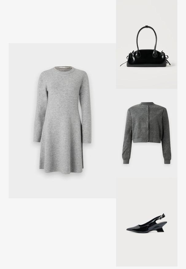 Grijze cropped jas van textuurstof, met een ronde halslijn, voorste drukknoopsluiting en geribde mouwen.; Grijze langslavend dress van zachte stof; heeft een ronde halslijn en een ontspannen pasvorm, die iets uitloopt aan de zoom met zijsplitten.; Zwarte lakleren slingback schoen met spitse neus en lage schuine blokhak op een effen lichte achtergrond.; Kleine zwarte glanzende handtas met twee lange hengsels en zijkant trekkoord details op een effen lichte achtergrond.