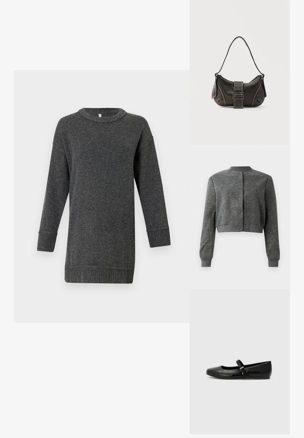 Grau gekürzte Jacke aus strukturiertem Stoff, mit Rundhalsausschnitt, vorderen Druckknöpfen und gerippten Manschetten.; Dunkelgrauer, langärmeliger Wollpullover mit gerippten Bündchen und Saum, Rundhalsausschnitt und lockerer Passform.; Schwarze Leder-Ballerinas mit einer runden Spitze, einer flachen Sohle und einem dünnen, verstellbaren Riemen über dem Spann mit einer Metallschnalle.; Schwarze Leder-Schultertasche mit Schnallengurt-Detail, abgerundeten Kanten und kontrastierenden weißen Nähten auf schlichtem Hintergrund.