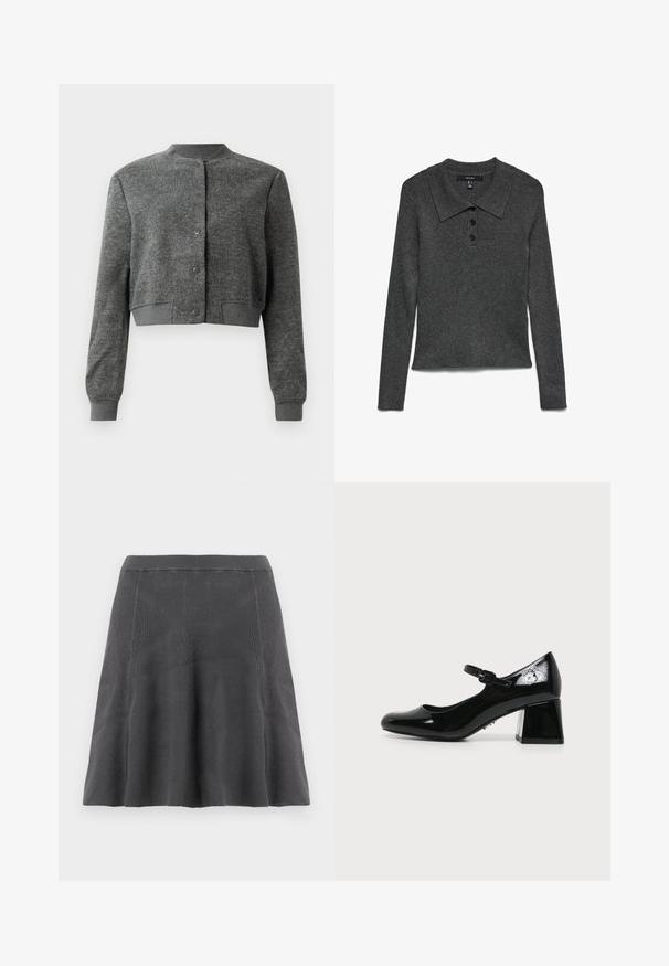 Chaqueta gris corta hecha de tejido texturizado, con un cuello redondo, botones a presión en el frente y puños acanalados.; Polo de manga larga con cuello y canalé de color gris oscuro, con tres botones negros en el escote y un dobladillo ligeramente cropped.; La falda en línea A gris de punto presenta una textura acanalada, una cintura ajustada y un dobladillo acampanado, ofreciendo una silueta lisa y un diseño casual.; Zapato Mary Jane de charol negro con punta redondeada, tacón bajo tipo bloque y tira ajustable con hebilla sobre fondo neutro.