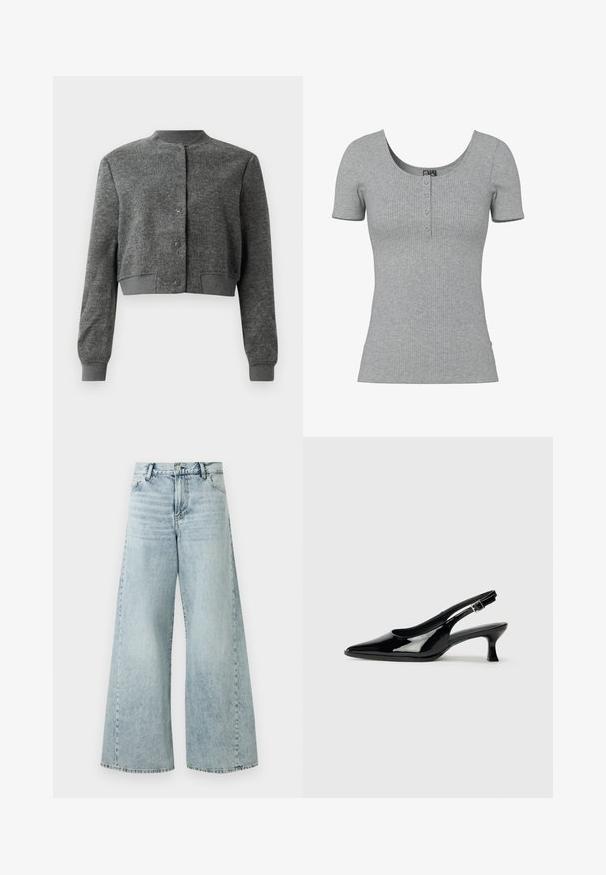 Grijze cropped jas van textuurstof, met een ronde halslijn, voorste drukknoopsluiting en geribde mouwen.; Grijs geribd kort mouw shirt met een ronde halslijn en vier kleine knopen middenvoor.; Lichtblauwe denim wijde broek met hoge taille, voorzien van een knoopsluiting, vijf zakken en rafelige zoomdetails.; Zwarte lakleren slingback schoenen met een spitse neus en een lage blokhak. Verstelbare gespband bij de enkel.