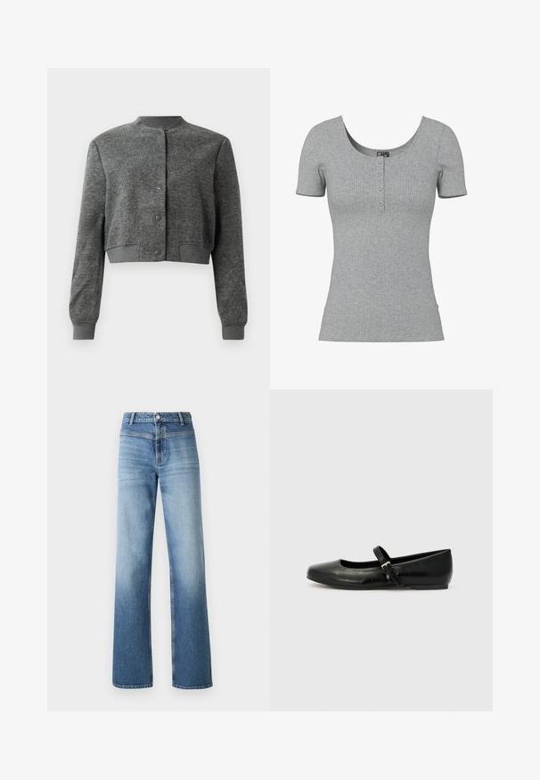 Chaqueta gris corta hecha de tejido texturizado, con un cuello redondo, botones a presión en el frente y puños acanalados.; Top gris de manga corta con costillas, escote en forma de U y cuatro pequeños botones en el centro delantero.; Vaqueros de mezclilla azul claro con cintura alta, diseño de pierna recta, lavado desgastado y estilo clásico de cinco bolsillos. Terminado con un cierre de botón.; Bailarinas de cuero negro con punta redondeada, suela plana y una delgada correa ajustable en el empeine que cuenta con una hebilla de metal.