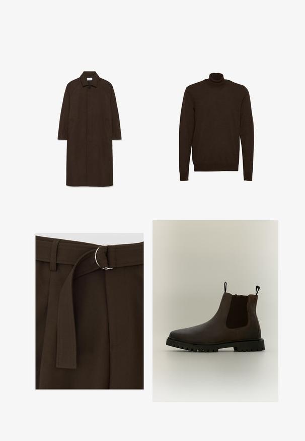 Abrigo de lana marrón con corte recto, mangas raglán, cuello y bolsillos laterales. Cuenta con un cierre de botones y un diseño elegante y minimalista.; Suéter de cuello alto marrón hecho de suave tejido de punto, con mangas largas y puños y dobladillo acanalados para un ajuste ceñido.; Pantalones marrones a medida con hebilla de cinturón circular plateada y una corbata de tela en la cintura, con textura suave y detalles de costura limpia.; Bota Chelsea de cuero marrón oscuro con panel lateral elástico negro, tiradores negros y suela gruesa negra con tacos sobre un fondo neutro.