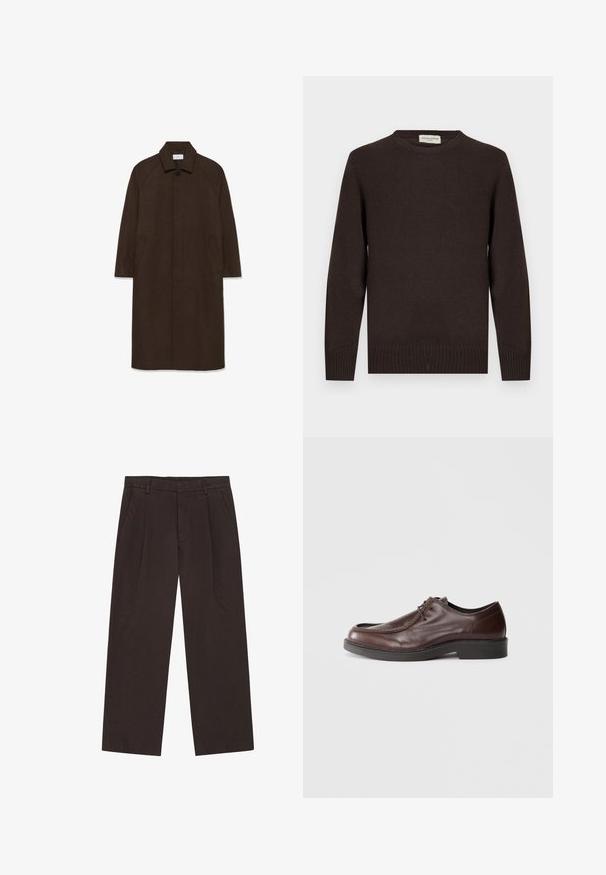 Hnedý vlnený kabát s rovnými strihom, raglánovými rukávmi, golierom a bočnými vreckami. Obsahuje zapínanie na gombík a elegantný, minimalistický dizajn.; Hnedý pletený sveter s okrúhlym výstrihom, rebrovanými manžetami a lemom. Hladká textúra bez vzorov alebo ozdôb. Jednoduchý dizajn a klasický tvar.; Tmavohnedé široké nohavice vyrobené z textúrovanej látky. Majú predné záhyby, dve bočné vrecká a zips s gombíkovým zapínaním.; Hnedé kožené spoločenské topánky s okrúhlym špičkou, minimálnymi švami a pevným čiernym podošvom. Obsahujú šnurovanie a hladký povrch.