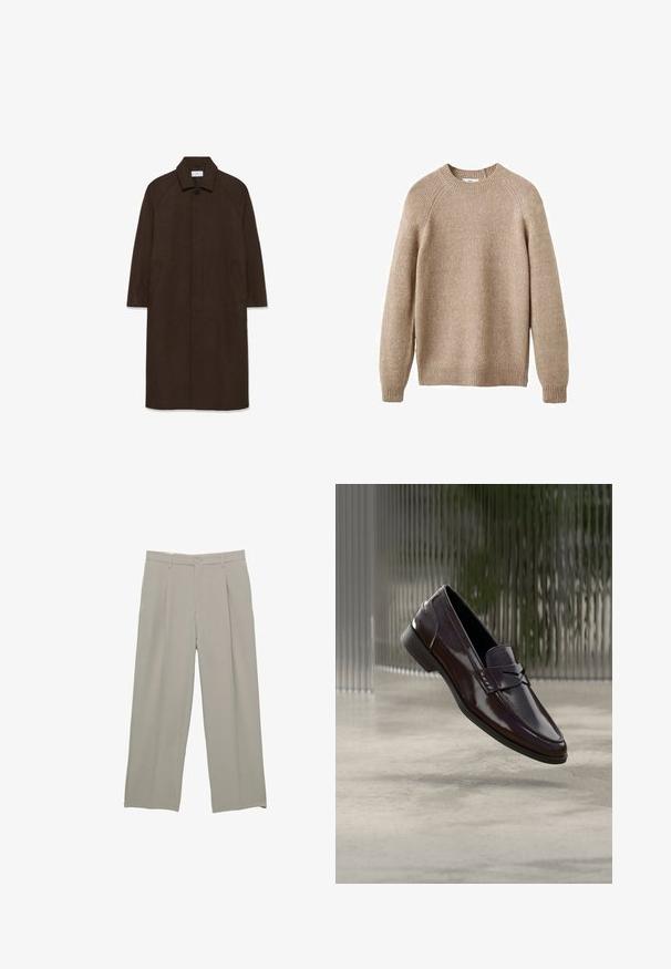 Brun uldfrakke med lige snit, raglan ærmer, krave og sidelommer. Har en knaplukning og et strømlinet, minimalistisk design.; Beige strikket sweater med rund hals, ribbestrikkede manchetter og kant. Har en struktureret overflade og raglanærmer. Klassisk pasform.; Lysegrå bredbenede bukser med en glat tekstur, der har forseglede folder foran, knaplukning og sidelommer.; Brune lædermokkasiner med en blank finish, der har en hævet søm og en lille udskæringsdetalje foran samt en lav sort sål.
