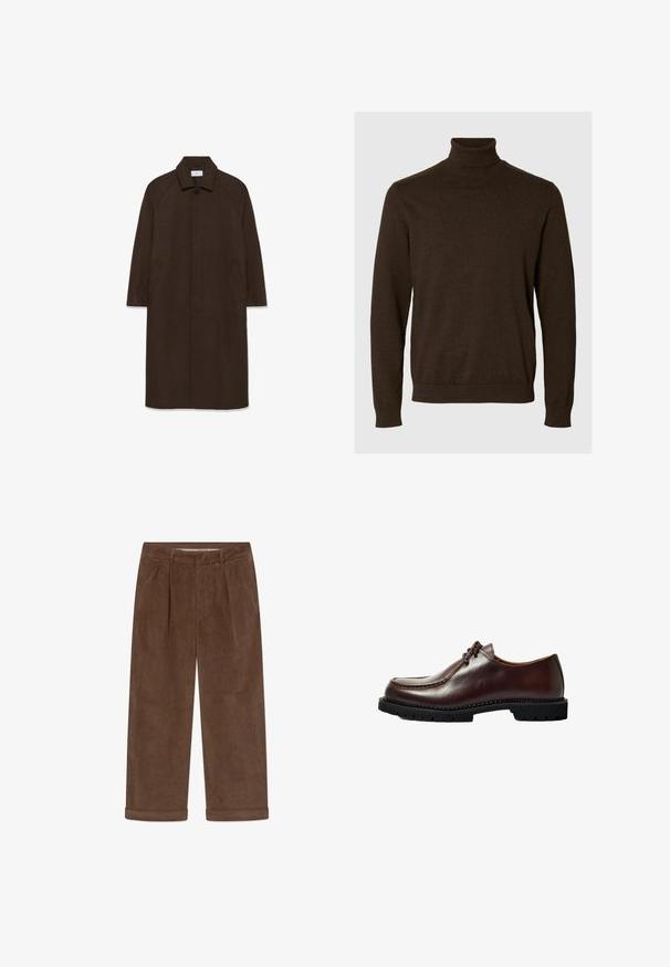 Hnedý vlnený kabát s rovnými strihom, raglánovými rukávmi, golierom a bočnými vreckami. Obsahuje zapínanie na gombík a elegantný, minimalistický dizajn.; Tmavohnedý dlhý rukáv pletený rolákový sveter s rebrovanými manžetami a lemom na neutrálnej pozadí.; Hnedé kordurové široké nohavice s manžetovými lemy, prednými záhybmi, pútkami na opasok a bočnými vreckami.; Hnedá kožená topánka s okrúhlou špičkou, prešitými detailami a čiernou gumovou podrážkou s textúrovaným vzorom. Čistý dizajn.