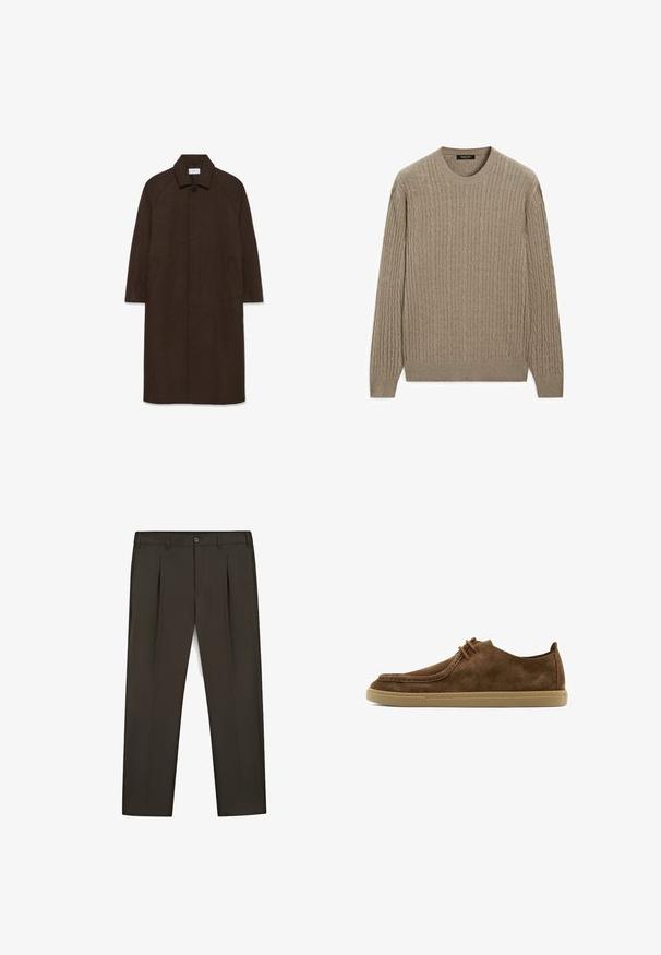 Bruine wollen jas met een rechte snit, raglanmouwen, een kraag en zijzakken. Voorzien van een knoopsluiting en een strakke, minimalistische uitstraling.; Beige kabelgebreide trui met ronde hals, lange mouwen en geribbelde boorden aan mouwen en zoom, plat gelegd op een witte achtergrond.; Donkerbruine, op maat gemaakte broek met voorplooien, lussen voor een riem, zijzakken en een knoopsluiting aan de taille.; Bruine casual suède schoen met beige rubberen zool en vetersluiting, getoond in zijaanzicht op een witte achtergrond.