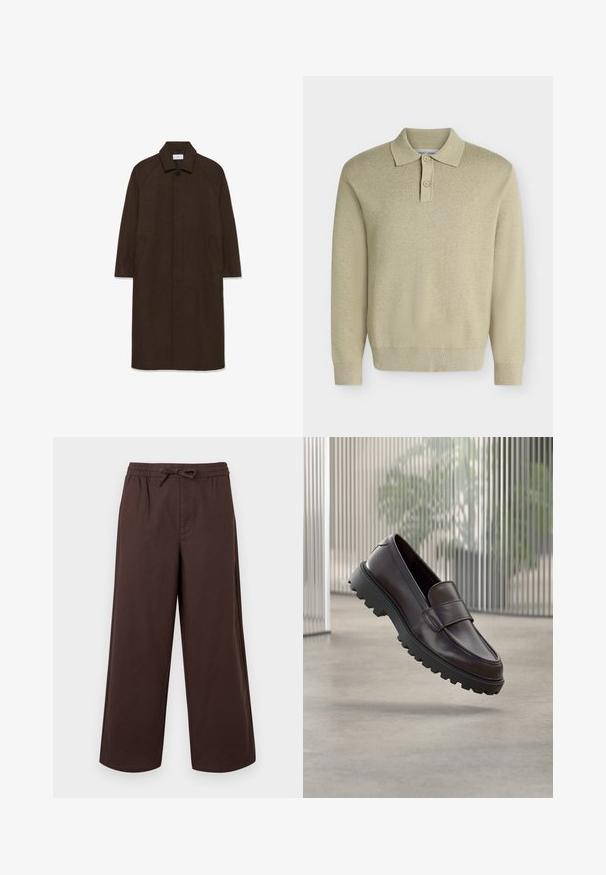 Brauner Wollmantel mit geradem Schnitt, Raglanärmeln, einem Kragen und seitlichen Taschen. Verfügt über einen Knopfverschluss und ein elegantes, minimalistisches Design.; Beiges Polohemd mit langen Ärmeln, Kragen und zwei Knöpfen, gerippten Bündchen und Saum, auf einfachem hellem Hintergrund abgebildet.; Braune, weit geschnittene Hose mit elastischem Bund und vorderem Kordelzug, gefertigt aus glattem Stoff.; Brauner Leder-Schlupfschuh mit abgerundetem Zehenbereich und einer robusten schwarzen Gummisohle. Verfügt über einen dekorativen Riemen über dem Spann.