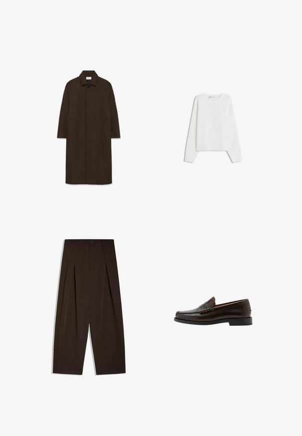 Hnedý vlnený kabát s rovnými strihom, raglánovými rukávmi, golierom a bočnými vreckami. Obsahuje zapínanie na gombík a elegantný, minimalistický dizajn.; Biely pletený sveter s dlhými rukávmi, okrúhlym výstrihom, rebrovanými manžetami a spodným lemom. Mäkká textúra, voľný strih, bez viditeľných vzorov alebo akcentov.; Vysoký pás, tmavohnedé široké nohavice s prednými záhybmi, pútkami na opasok, zapínaním na gombík a čistými lemami.; Tmavohnedý kožený penny loafer s prešitým vzhľadom v tvare mokasín, nízkym podpätkom a hladkým povrchom, zobrazený v bočnom profile na bielom pozadí.