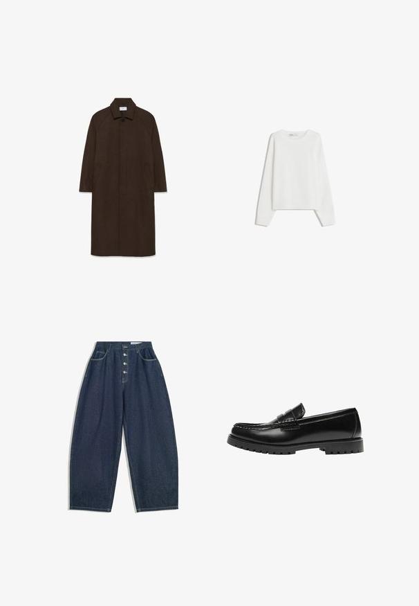 Brun uldfrakke med lige snit, raglan ærmer, krave og sidelommer. Har en knaplukning og et strømlinet, minimalistisk design.; Hvid strikket sweater med lange ærmer, rund halsudskæring, ribbede manchetter og kant. Blød tekstur, løs pasform, ingen synlige mønstre eller accenter.; Mørkeblå denim bukser med brede ben og høj talje, fem knaplukninger og fem lommer. Har stikninger som accent på sømmene.; Sort læderloafer med en kraftig gummisål og klassiske penny-strap detaljer, vist fra ydersiden.