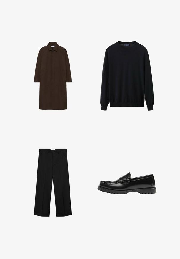 Brun uldfrakke med lige snit, raglan ærmer, krave og sidelommer. Har en knaplukning og et strømlinet, minimalistisk design.; Sort sweater lavet af blødt strikstof. Har rund hals, lange ærmer med ribkanter og en lige kant nederst. Simpelt design uden mønstre.; Sorte bukser med vide ben lavet af et glat materiale, med forlommer, knaplåsning og en presset rille ned langs hvert ben.; Sort læderloafer med en kraftig gummisål og klassiske penny-strap detaljer, vist fra ydersiden.
