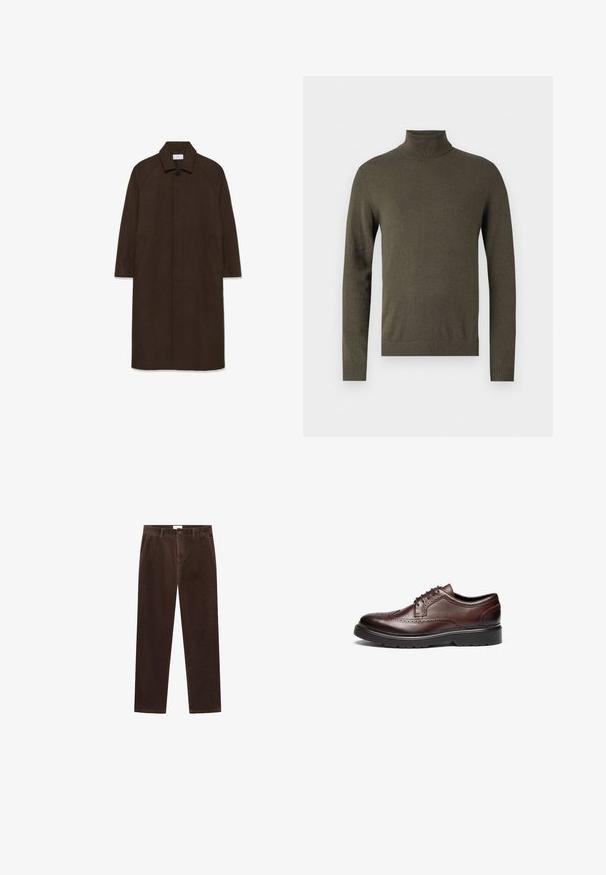 Abrigo de lana marrón con corte recto, mangas raglán, cuello y bolsillos laterales. Cuenta con un cierre de botones y un diseño elegante y minimalista.; Suéter de cuello alto en verde oliva, hecho de un punto suave y texturizado. Presenta mangas largas y un cuello y dobladillo acanalados, enfocado en la comodidad y el ajuste.; Pantalones de pana marrones con un diseño de pierna recta, que incluyen bolsillos frontales y un cierre de botón. Textura suave y patrón de costillas verticales.; Zapatos de brogue de cuero marrón con costuras detalladas, puntera redondeada y suela de goma gruesa. Presentan elementos de diseño clásico y un acabado suave.