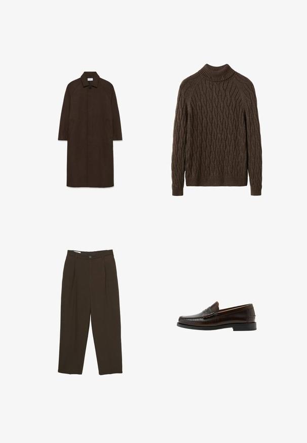 Brun uldfrakke med lige snit, raglan ærmer, krave og sidelommer. Har en knaplukning og et strømlinet, minimalistisk design.; Brun strikket sweater med en ribbet mockneck, der har et kabelmønster og lange ærmer. Blød tekstur med afslappet pasform og solide kanter.; Mørkebrune skræddersyede bukser med frontfolder, bæltestropper og en knaplukning i taljen.; Mørkebrun læder penny loafer med syet mokkasin tå, lav hæl og glat finish vist i sideprofil på hvid baggrund.
