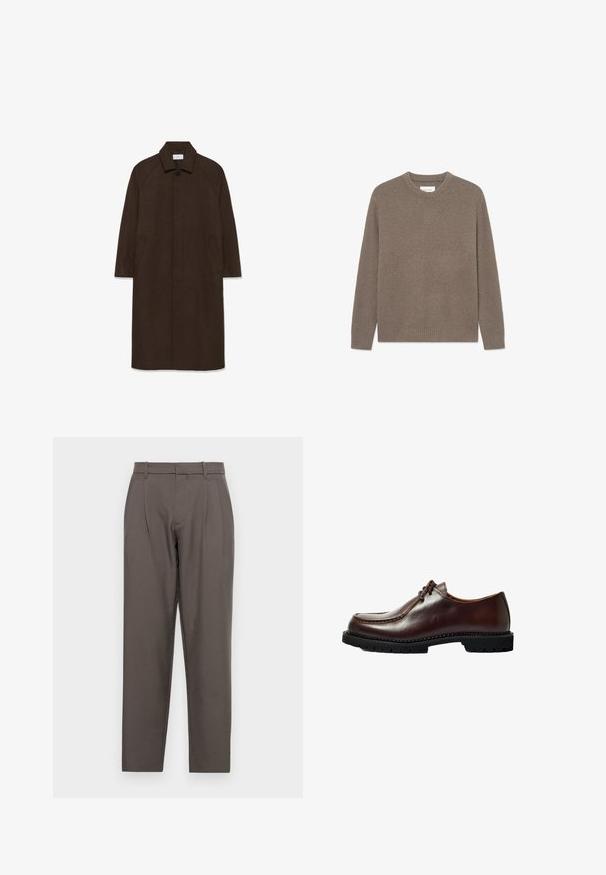 Brun uldfrakke med lige snit, raglan ærmer, krave og sidelommer. Har en knaplukning og et strømlinet, minimalistisk design.; Crewneck sweater i en neutral brun farve, med et struktureret strikket stof, lange ærmer og ribbet manchetter og kant.; Jack & Jones Classic Wide Leg Fit - Bukser - pavement; Brune lædersko med rund tå, syninger og en sort gummisål med et tekstureret mønster. Ren design.