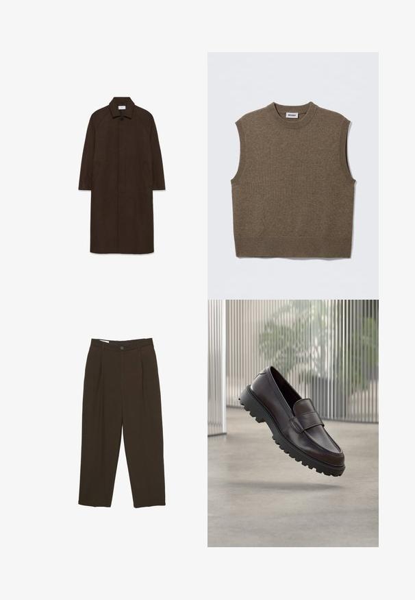 Hnedý vlnený kabát s rovnými strihom, raglánovými rukávmi, golierom a bočnými vreckami. Obsahuje zapínanie na gombík a elegantný, minimalistický dizajn.; Hnedý pletený sveter bez rukávov s okrúhlym výstrihom, rebrovanými okrajmi a jemnou textúrou; štítok nesie nápis "WEEKDAY."; Tmavohnedé nohavice na mieru s prednými skladmi, pútkami na opasok a zapínaním na gombík v oblasti pásu.; Hnedá kožená obuv na navliekanie s okrúhlou špičkou a pevnou čiernou gumovou podrážkou. Má dekoračný remienok cez priehlavok.