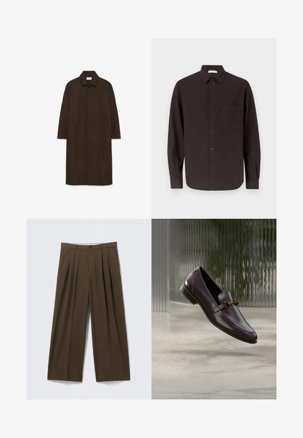 Brun uldfrakke med lige snit, raglan ærmer, krave og sidelommer. Har en knaplukning og et strømlinet, minimalistisk design.; Langærmet skjorte i mørkebrun bomuld med spids krave, forlommer og klassisk knaplukning foran.; Brune bukser med nålestriber og et vidbenet design, der har forreste folder, lukning med knapper og en glat tekstur.; Brun læderloafer med en glat finish, firkantet snude og guldfarvet hardwaredetalje. Den har en lav hæl og subtile syningsdetaljer.