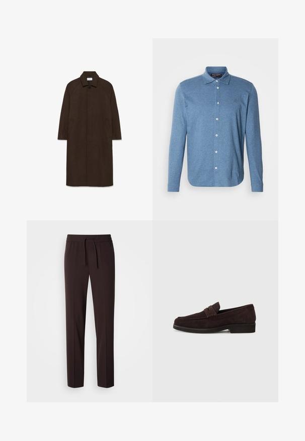 Brun uldfrakke med lige snit, raglan ærmer, krave og sidelommer. Har en knaplukning og et strømlinet, minimalistisk design.; Blå langærmet polo lavet af struktureret stof med knaplukning foran og lille logo på brystet.; Brune, lette, smalle bukser med elastisk linning og snørre. Glat tekstur og minimalistisk design, velegnet til afslappet brug.; Brune ruskinds loafers med lav profil og rund tå. Har en dekorativ rem over det øverste, flad gummisål og ingen synlig syning.