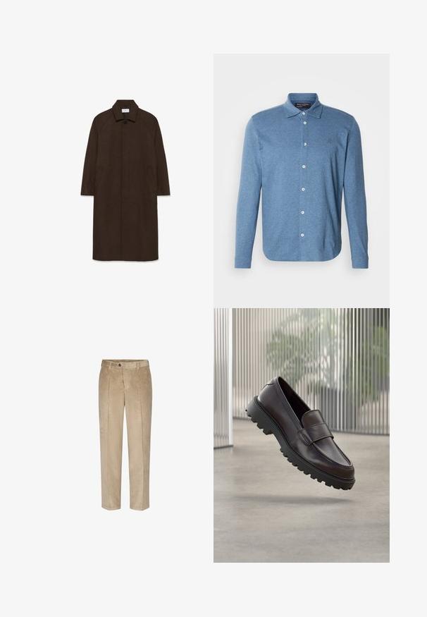 Bruine wollen jas met een rechte snit, raglanmouwen, een kraag en zijzakken. Voorzien van een knoopsluiting en een strakke, minimalistische uitstraling.; Blauw poloshirt met lange mouwen, gemaakt van gestructureerde stof, voorzien van een knoopsluiting aan de voorkant en een klein logo op de borst.; Beige corduroy broek met brede verticale ribbels, recht model, voorzakken en een enkele knoopsluiting bij de taille.; Bruine leren instapschoen met een afgeronde neus en een stevige zwarte rubberen zool. Voorzien van een decoratief bandje over de wreef.