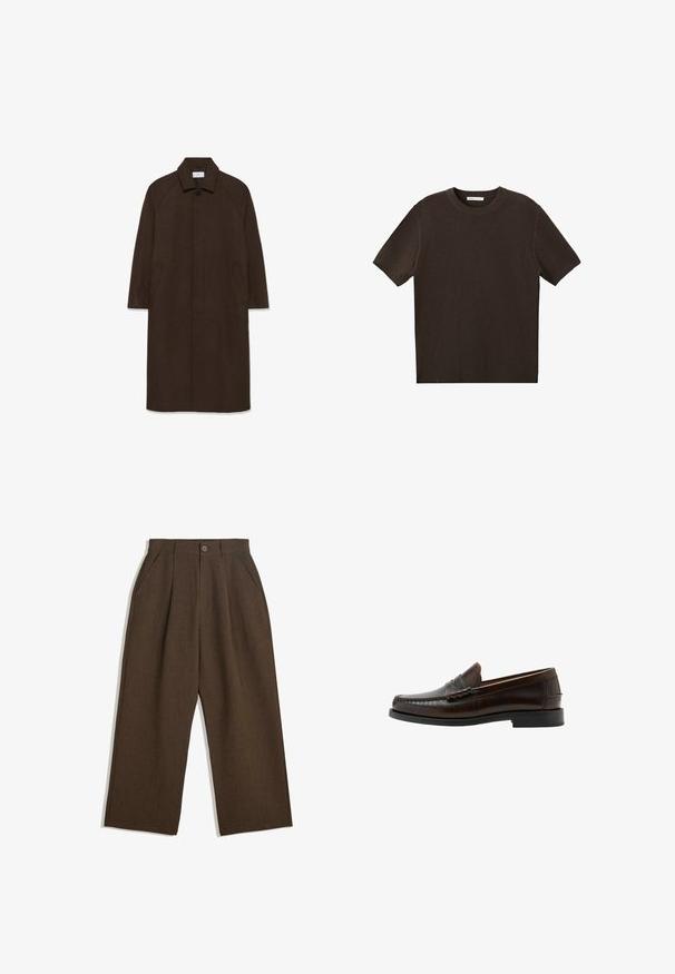 Brun uldfrakke med lige snit, raglan ærmer, krave og sidelommer. Har en knaplukning og et strømlinet, minimalistisk design.; Mørkebrun strikket trøje med korte ærmer og rund halsudskæring, fladt lagt på hvid baggrund.; Brune, plisserede bukser med et vidde-design, der har en knaplukning og sidelommer, lavet af struktureret stof, der er egnet til afslappet brug.; Mørkebrun læder penny loafer med syet mokkasin tå, lav hæl og glat finish vist i sideprofil på hvid baggrund.