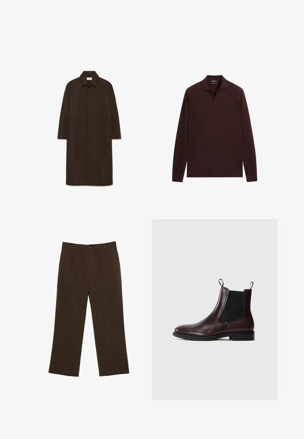 Brun uldfrakke med lige snit, raglan ærmer, krave og sidelommer. Har en knaplukning og et strømlinet, minimalistisk design.; Langærmet mørkebrun ribstrikket polotrøje med V-udskæring og krave, lagt fladt på en hvid baggrund.; Brune bukser med lige ben, knap og elastisk linning, bæltestropper og forlommer på en hvid baggrund.; Brune læder Chelsea-støvle med elastisk sidepanel, løkke-håndtag, glat overflade, rund tå og gummisål.