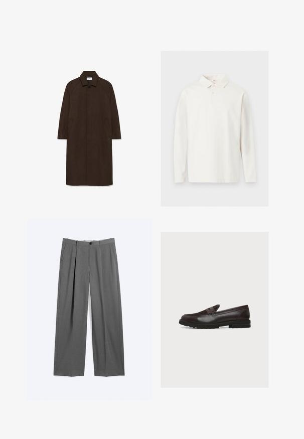 Brauner Wollmantel mit geradem Schnitt, Raglanärmeln, einem Kragen und seitlichen Taschen. Verfügt über einen Knopfverschluss und ein elegantes, minimalistisches Design.; Weißes Polohemd mit langen Ärmeln, Kragen und zwei Knöpfen, flach auf hellem Hintergrund dargestellt.; Graue formelle Hosen mit geraden Beinen, vorderen Bügelfalten, Seitentaschen, Gürtelschlaufen und einem vorderen Knopf- und Reißverschluss.; Dunkelbrauner Lederloafer mit Wildlederoberteil, Pennyriemen, genähten Details und dicker Gummisohle mit Profil, in Seitenansicht dargestellt.