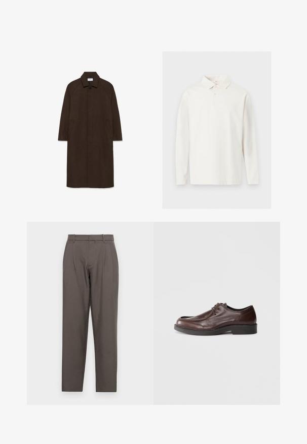 Hnedý vlnený kabát s rovnými strihom, raglánovými rukávmi, golierom a bočnými vreckami. Obsahuje zapínanie na gombík a elegantný, minimalistický dizajn.; Biele polo tričko s dlhými rukávmi, golierom a dvoma gombíkmi, zobrazené na rovnej ploche na svetlom pozadí.; Jack & Jones Classic Wide Leg Fit - Nohavice - pavement; Hnedé kožené spoločenské topánky s okrúhlym špičkou, minimálnymi švami a pevným čiernym podošvom. Obsahujú šnurovanie a hladký povrch.