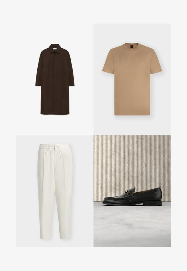 Brauner Wollmantel mit geradem Schnitt, Raglanärmeln, einem Kragen und seitlichen Taschen. Verfügt über einen Knopfverschluss und ein elegantes, minimalistisches Design.; Hellbraunes T-Shirt mit kurzen Ärmeln und Rundhalsausschnitt mit kleinem weißem "BOSS"-Logo auf der linken Brust, auf einfachem hellem Hintergrund dargestellt.; Cremeweiße, konisch zulaufende Hose mit elastischem Bund, vorderen Falten und verstellbarem Kordelzug in der Taille.; Schwarzer Lederloafer mit goldfarbenem Metallbit und "HUGO"-Markenlogo, präsentiert vor einem beigen Teppich und braunen durchsichtigen Möbelstücken.