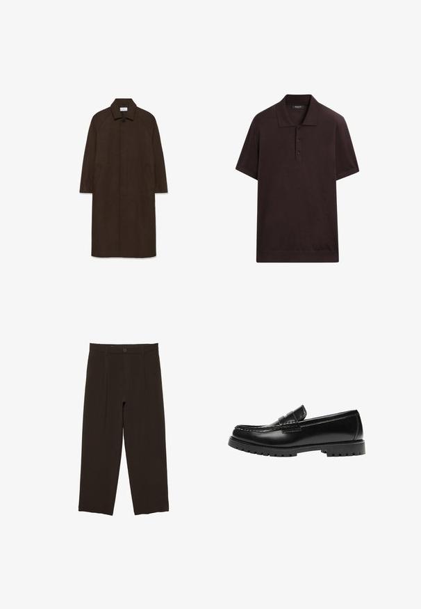 Bruine wollen jas met een rechte snit, raglanmouwen, een kraag en zijzakken. Voorzien van een knoopsluiting en een strakke, minimalistische uitstraling.; Donkerbruine poloshirt met korte mouwen, kraag en drie knopen, plat gepresenteerd op een witte achtergrond. Geen zichtbare patronen of logo’s.; Donkerbruine, op maat gemaakte broek met voorplooien, riemlussen, knoopsluiting en rechte, cropped pijpen.; Zwarte leren loafer met een dikke rubberen zool en klassieke penny-strap details, gezien vanaf de buitenkant.