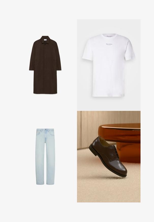 Bruine wollen jas met een rechte snit, raglanmouwen, een kraag en zijzakken. Voorzien van een knoopsluiting en een strakke, minimalistische uitstraling.; Witte T-shirt met korte mouwen van katoen met een ronde hals. Heeft het "Marc O'Polo" logo in het zwart op de borst. Soepele textuur, minimalistisch ontwerp.; Lichtblauwe denim jeans met rechte pijpen, vooraan knoop- en ritssluiting, riemlussen en voorzakken.; Donkerbruine leren veterdresschoen die boven een beige tapijt zweeft, met op de achtergrond een glanzende amberkleurige ronde tafel.