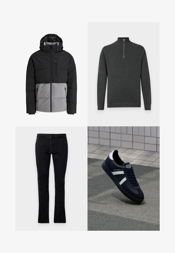 Doudoune noire et grise avec capuche, fermeture éclair intégrale à l'avant, poche poitrine et deux poches latérales zippées, présentée sur fond blanc.; Pull gris à manches longues en tissu doux, avec un col haut et une fermeture éclair quart, au texture uni. Sans motifs ni rehauts.; Pantalon en denim noir avec une coupe droite, présentant des détails de couture subtils et cinq poches, texture lisse et taille mi-haute.; Sneaker en cuir noir avec des rayures blanches, semelle en caoutchouc texturée et devant à lacets. Présente une étiquette de marque sur la languette.