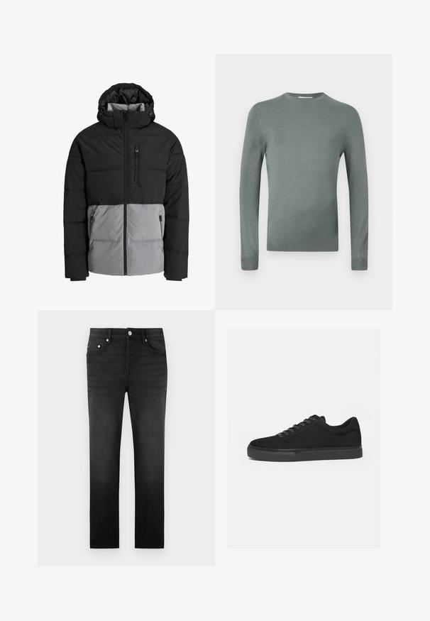 Doudoune noire et grise avec capuche, fermeture éclair intégrale à l'avant, poche poitrine et deux poches latérales zippées, présentée sur fond blanc.; Pull-over long vert clair en tricot doux. Doté d'un col rond et de manches ajustées avec des poignets côtelés. Design uni.; Jeans noirs slim avec cinq poches, fermeture par bouton et fermeture éclair, et passants pour ceinture, présentés sur un fond blanc uni.; Baskets basses noires avec fermeture à lacets à l'avant et semelle en caoutchouc plate, vues de profil sur fond blanc.