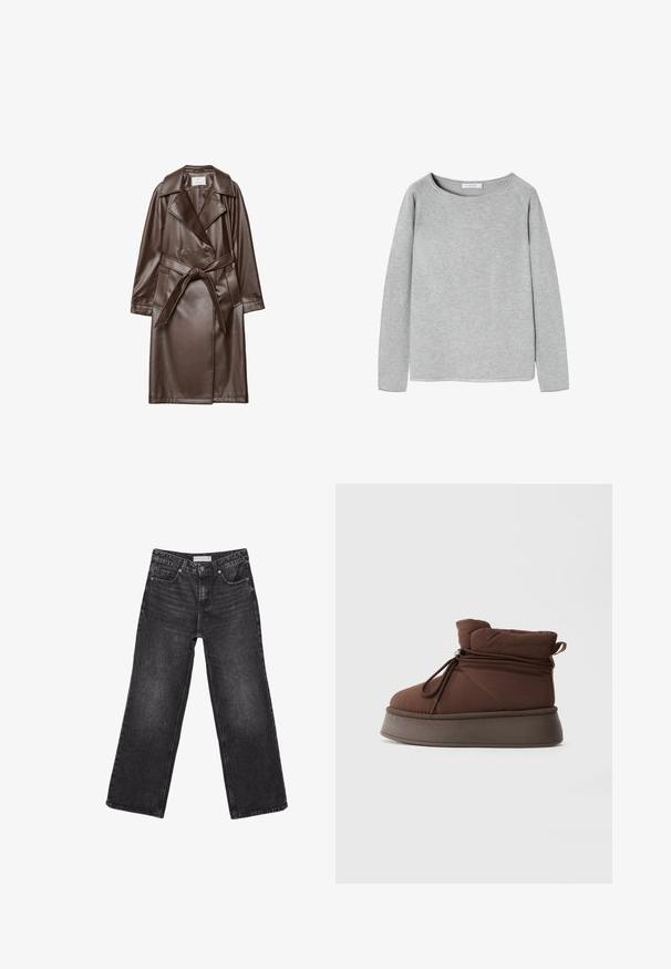Manteau en cuir brun avec revers en zigzag, boutons à double boutonnage, ceinture attache à la taille et poches latérales. Texture lisse et design longueur genou.; Sweatshirt gris à manches longues avec un décolleté large, texture douce et manches légèrement effilées. Présente un ourlet inférieur droit et un design minimaliste.; Jean noir à jambes larges, poches avant et fermeture par bouton, étiquette de taille 38 visible à la ceinture.; Botte d'hiver marron rembourrée avec semelle épaisse et fermeture à lacets à cordon sur un fond clair uni.