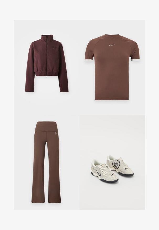 Chaqueta burdeos cortada con cuello alto, cierre de cremallera, dobladillo acanalado y mangas largas. Presenta el logotipo de Nike en blanco en el lado izquierdo del pecho.; Camisa marrón de manga corta hecha de tela suave con un cuello alto y detalles blancos en los puños de las mangas, con un pequeño logotipo en el pecho.; Pantalones deportivos acampanados marrones con una cintura ancha, fabricados con material elástico, con un pequeño logo blanco de Nike en la cadera.; Zapatillas Nike con un upper texturizado en beige y gris, acentos negros, un gran logo de "90" y un cierre de cordones blancos. Suela negra.