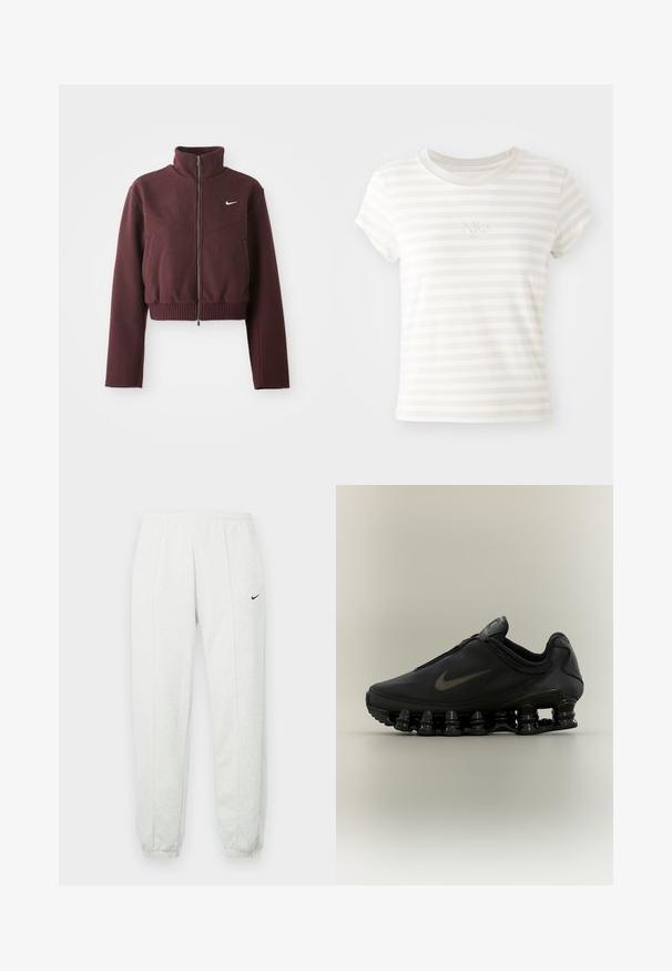 Chaqueta burdeos cortada con cuello alto, cierre de cremallera, dobladillo acanalado y mangas largas. Presenta el logotipo de Nike en blanco en el lado izquierdo del pecho.; Camiseta de tirantes cortos a rayas blancas, hecha de algodón suave. Presenta un cuello redondo y un pequeño logo de Nike bordado en el pecho.; Pantalones deportivos Nike de color gris claro con una cintura elástica, puños ajustados y un pequeño logo negro en el muslo izquierdo. Tela suave y texturizada.; Zapatilla negra Nike con parte superior con cremallera y suela distintiva segmentada en forma de resorte, mostrada de perfil sobre un fondo neutro.