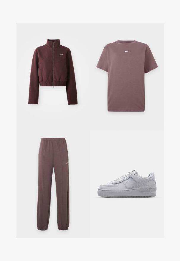 Chaqueta burdeos cortada con cuello alto, cierre de cremallera, dobladillo acanalado y mangas largas. Presenta el logotipo de Nike en blanco en el lado izquierdo del pecho.; Camiseta de manga corta color malva, con cuello redondo, y pequeño logo de Nike en blanco centrado en el pecho, exhibida sobre fondo blanco.; Pantalones de chándal marrones con cintura elástica, costuras laterales, puños elásticos y un pequeño logo blanco de Nike en el muslo superior izquierdo.; Zapatilla Nike Air Force 1 gris con puntera perforada, parte superior de cuero suave, suela gruesa y detalle en relieve 'AIR' en el talón.