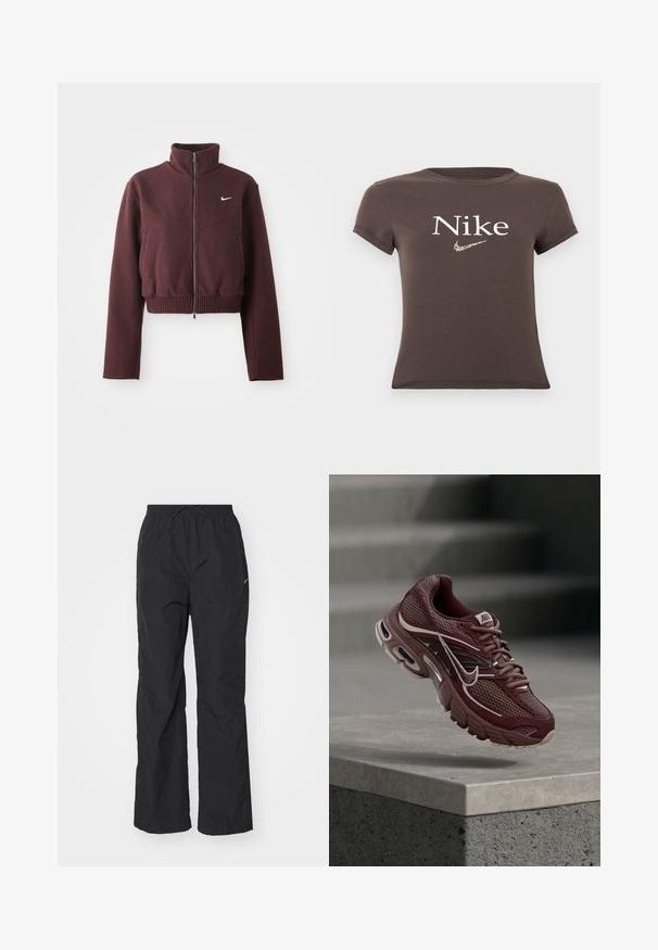 Chaqueta burdeos cortada con cuello alto, cierre de cremallera, dobladillo acanalado y mangas largas. Presenta el logotipo de Nike en blanco en el lado izquierdo del pecho.; Top corto de manga corta marrón con el texto "Nike" y el logo de la marca en estampado de leopardo, centrado en el pecho.; Pantalones negros ligeros con cintura elástica y cordón. Presentan un acabado texturizado y un pequeño logo reflectante en el costado.; Zapatilla de correr Nike color granate con tejido de malla, cuello acolchado, suela gruesa y detalles en blanco. El diseño presenta una puntera redondeada y cordones prominentes.