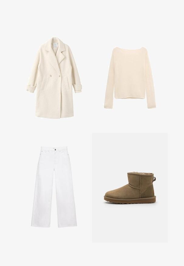 Manteau croisé en tissu crème doux, doté de revers crantés, de poches latérales et de poignets roulés pour une touche de détail et de texture.; Pull à manches longues de couleur crème avec un col large et une coupe légèrement ample.; Jean blanc à jambes larges en denim, doté de poches avant, d'une fermeture par bouton et d'une coupe droite. Aucun motif ou ornement visible.; Bottines en daim marron avec une doublure douce et pelucheuse, bout rond et un accent en boucle à l'arrière. Semelle en caoutchouc plate avec grip texturé.