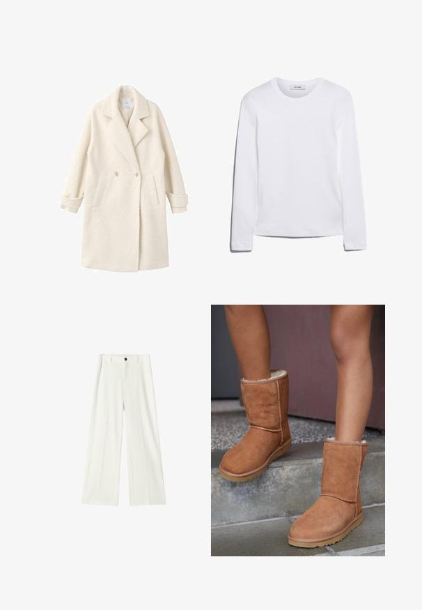 Manteau croisé en tissu crème doux, doté de revers crantés, de poches latérales et de poignets roulés pour une touche de détail et de texture.; T-shirt blanc à manches longues en coton côtelé, avec un col rond et un ourlet droit. Design simple sans motifs ni accents.; Pantalon blanc taille haute à jambes larges, avec plis à l'avant, passants pour ceinture et fermeture par bouton noir à la taille.; Bottines en suede marron, à bout rond, avec une doublure douce et une semelle en caoutchouc, présentant des détails de couture visibles le long des coutures.