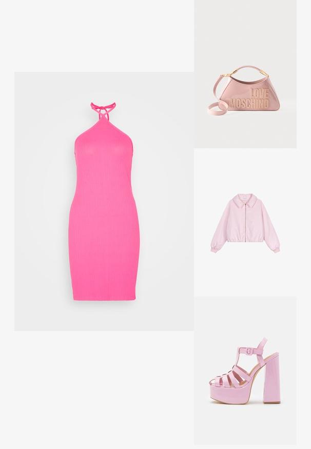 Lichtroze cropped jacket met een kraag en ritssluiting. Heeft elastische manchetten en zoom, een gladde satijnachtige textuur, en geen patronen.; Even&Odd Jerseyjurk - pink; Madden Girl CRANE - Sandalen met hoge hak - pink; Glanzende roze Love Moschino handtas met gebogen handvat, afneembare schouderriem en gouden logotekst op de voorkant.