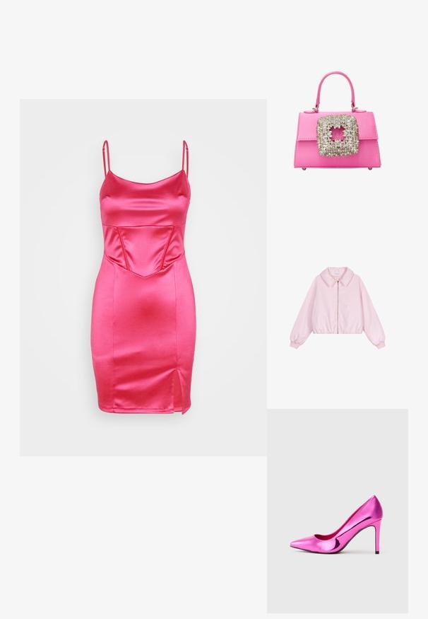 Chaqueta corta de color rosa claro con cuello y cierre de cremallera. Presenta puños y dobladillo elásticos, textura suave similar a la satén y sin patrones.; WAL G. CALEB CORSET MINI - Vestido de cóctel - fuchsia; Zapato de tacón alto de estilete brillante en color rosa metálico con punta afilada, exhibido sobre un fondo gris claro liso.; Bolso de satén rosa con un diseño estructurado, que presenta un gran broche cuadrado con joyas y asas cortas. La base tiene pies metálicos para mayor estabilidad.