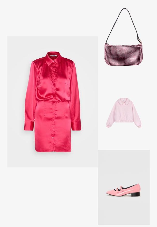 Svetloružová skrátená bunda s golierom a zipsovým uzáverom. Obsahuje elastické manžety a spodok, hladkú saténovú textúru a bez vzorov.; NA-KD SHIRT MINI DRESS - Tričkové šaty - pink; Ružová lakovaná topánka s špicatou špičkou a dvoma dekoračnými popruhmi. Má čierny nízky blokový podpätok a hladký povrch.; Čierna kabelka s zakriveným tvarom, pokrytá ružovými kamienkami, s tenkým čiernym popruhom a zipsom. Textúrovaný, lesklý povrch.